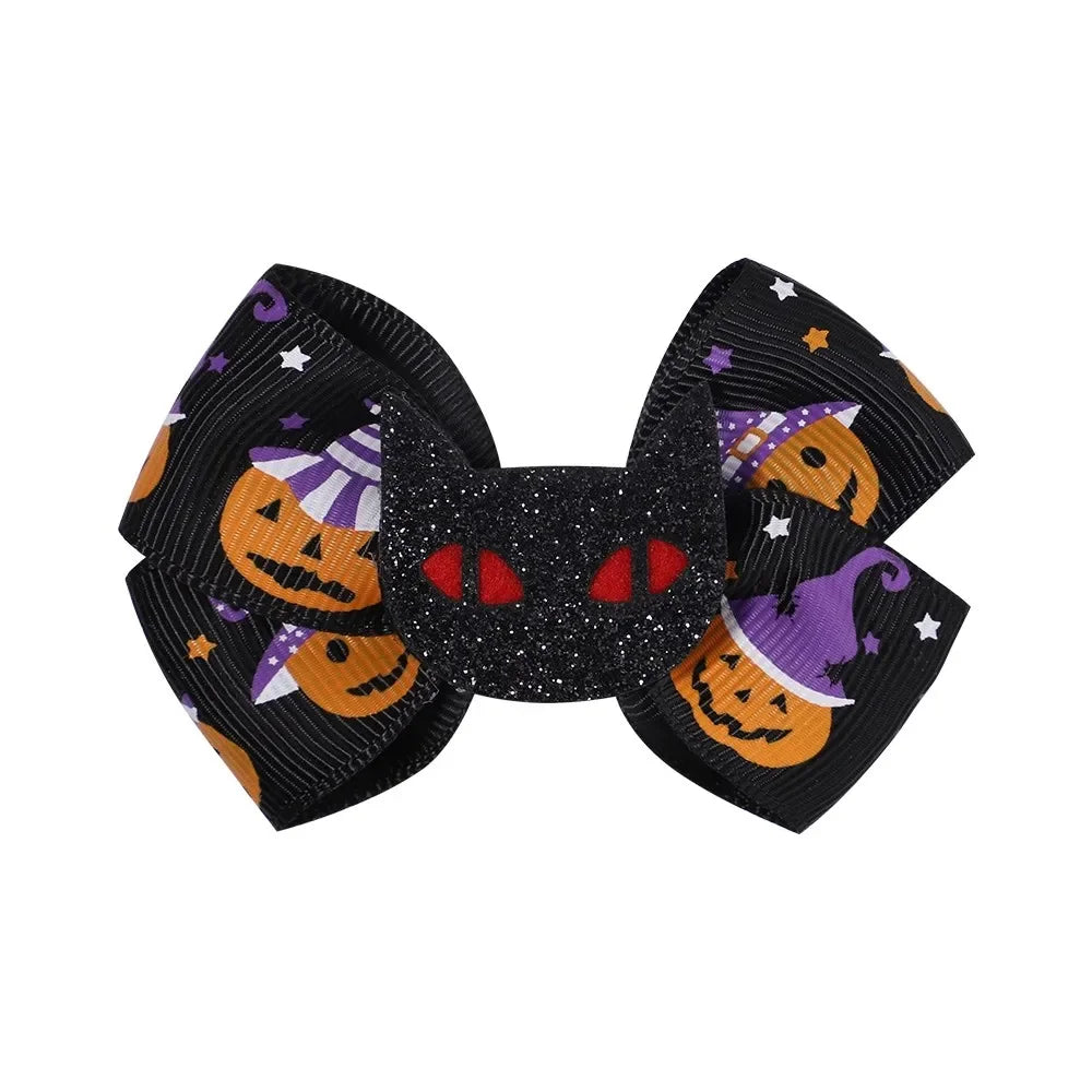 2Pcs/Set Halloween Hair Accessories for Kids Girls - Ribbon Bow Hairpin Ghost Pumpkin Bat Hair Clips for Party Decoration