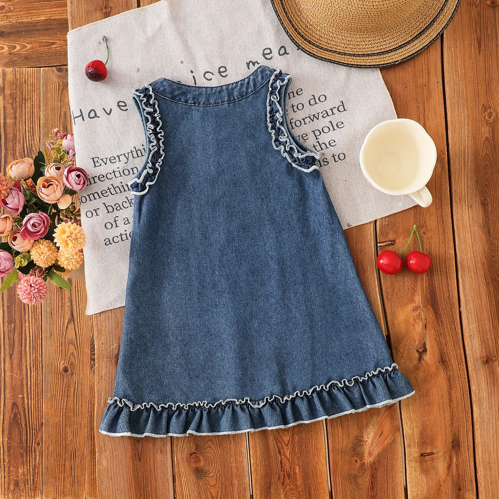 Toddler Baby Girl Sleeveless Denim Dress Lace Ruffle Trim Button Front Summer Kids Casual Jean A-line Dress