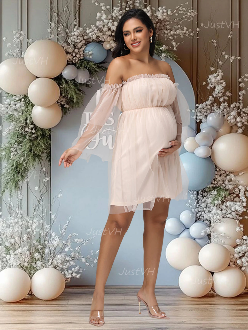 Maternity Mesh Photography Gown Long Sleeves Off-shoulder Elegant Summer Short Dress for Baby Shower Photoshoot