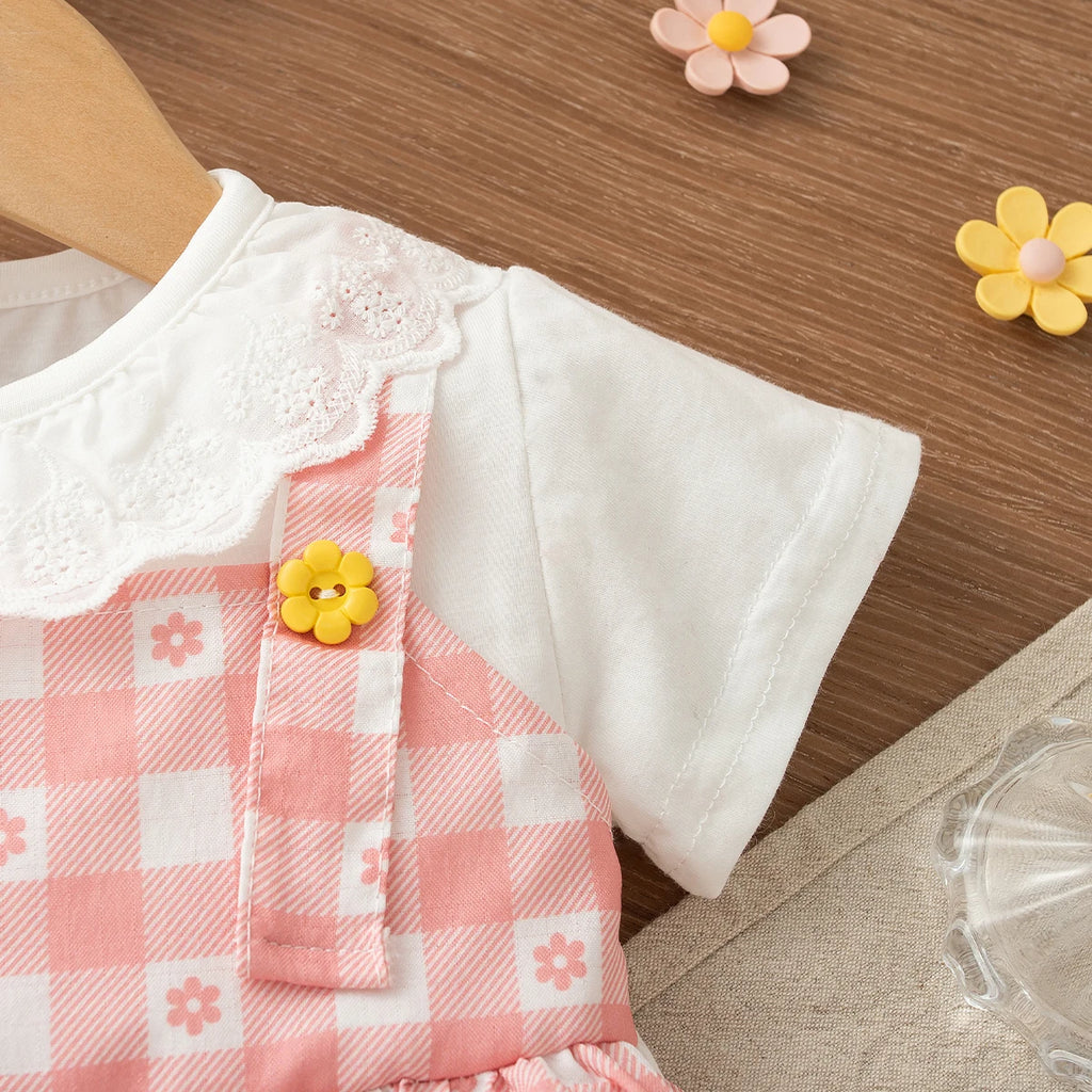 Summer New Sweet Fake Two Piece Baby Girl Dress, Cute Checkered Small Floral Children'S Clothing (3-18 Months)