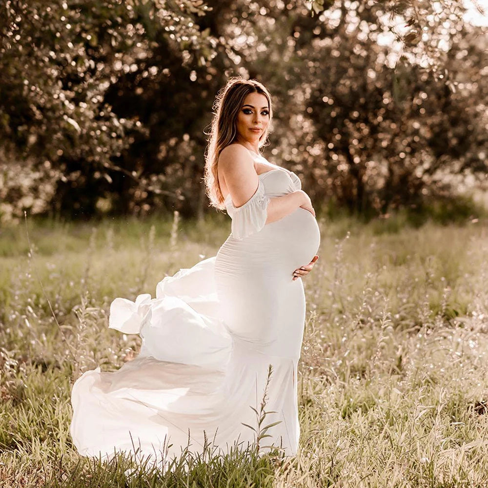 Maternity Summer Ruffle Sleeve V-Neck Mermaid Dress Pregnancy Gown Wedding Bridesmaid Dresses Robe for Photoshoot Baby Shower