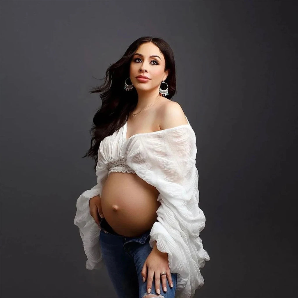 Maternity Sexy Drape Chiffon Blouse Elegant V-Neck Puff Long Sleeves Women Cropped Tops for Baby Shower Party Photoshoot
