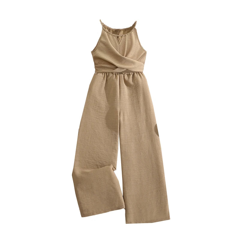 Girls 8-12 Casual Khaki Jumpsuit, Halter Neck Twist Front Sleeveless & Elastic Waist Wide Leg Pants, Daily Kids Outfit