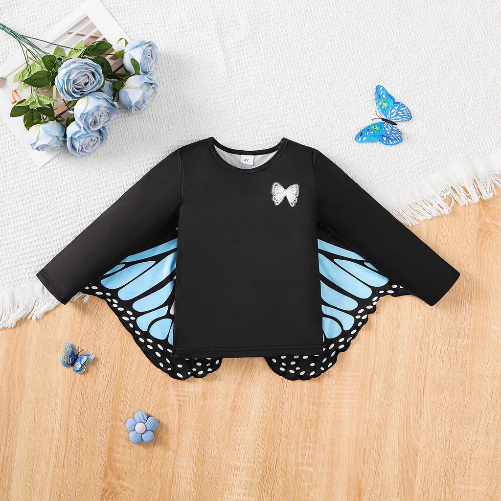 4-7 Year old Girls' Long sleeved Shirt Blue Butterfly Print Role-playing shirt, Children's girls' Autumn Performance Costume
