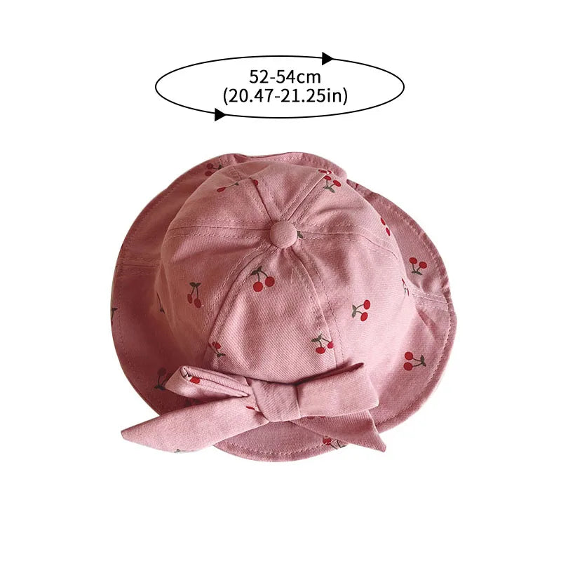 Cute Bowknot Baby Fisherman Hat Cherry Print Infant Bucket Cap 6-36Month Girls Kids Sunshade Visors Outdoor Children Basin Caps