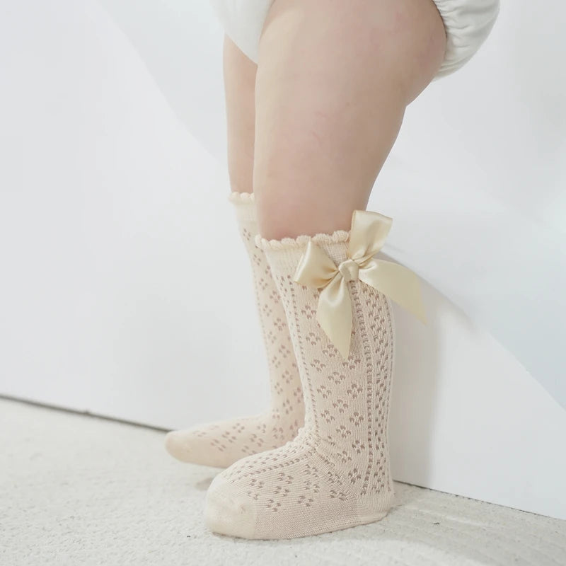 Baby Girls Knee High Socks Breathable Cutout Mesh Cute Bows Dress Socks Newborn Stockings for Clothing Accessories