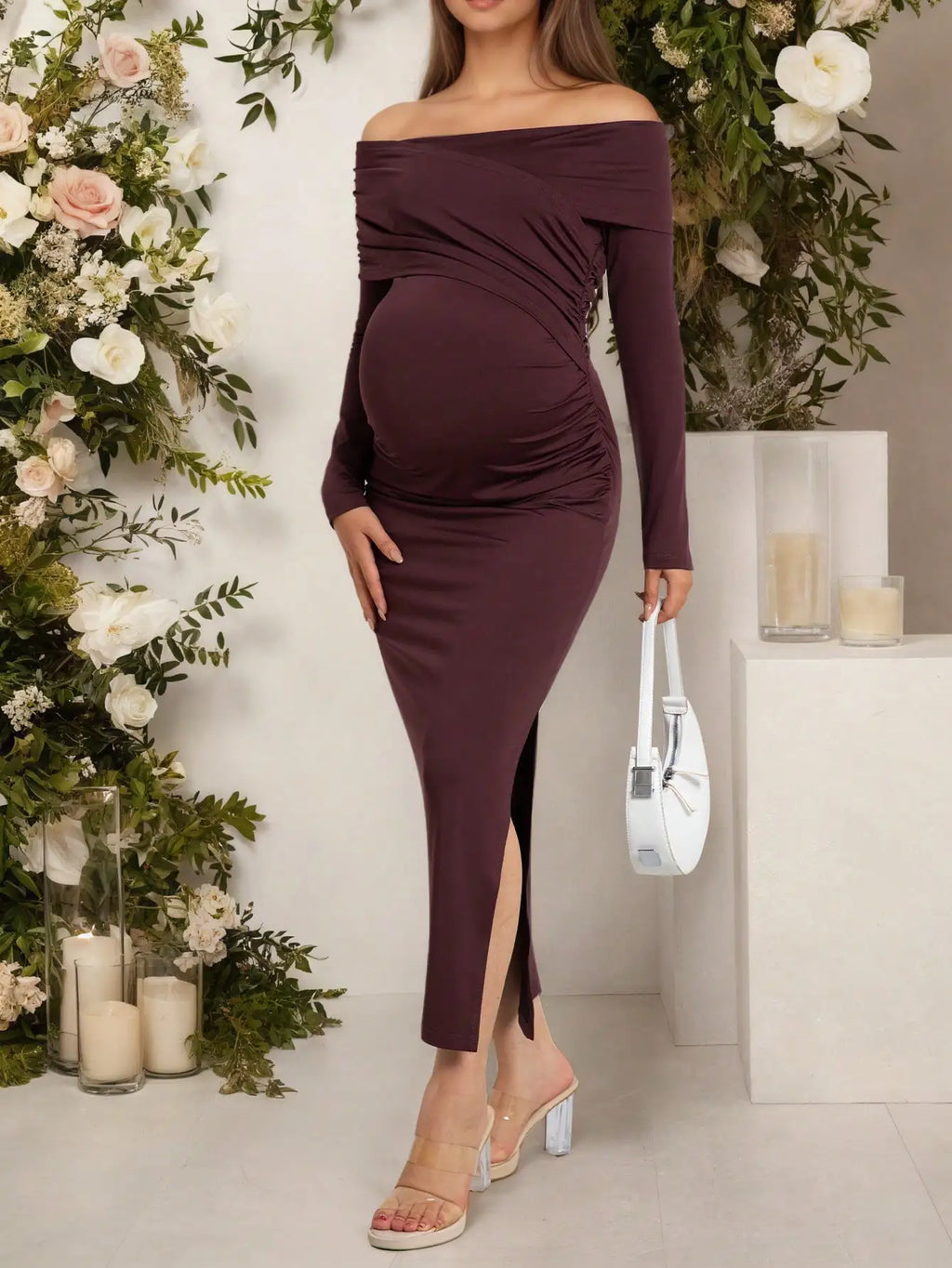 Pregnant Women Maternity Dresses Off Shoulder Long Sleeve Ruched Maxi Dress with Side Slit for Baby Shower, Photoshoot