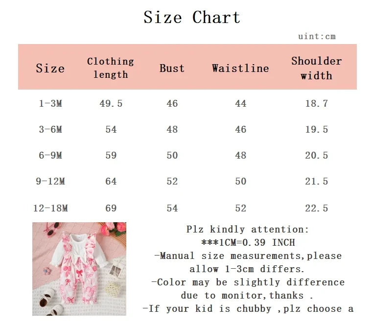 Newborn Baby girl Bodysuit Ruffled edges Bow print Bodysuit for 0-18 Months Cute Baby girl Spring and Autumn Crawling Clothes