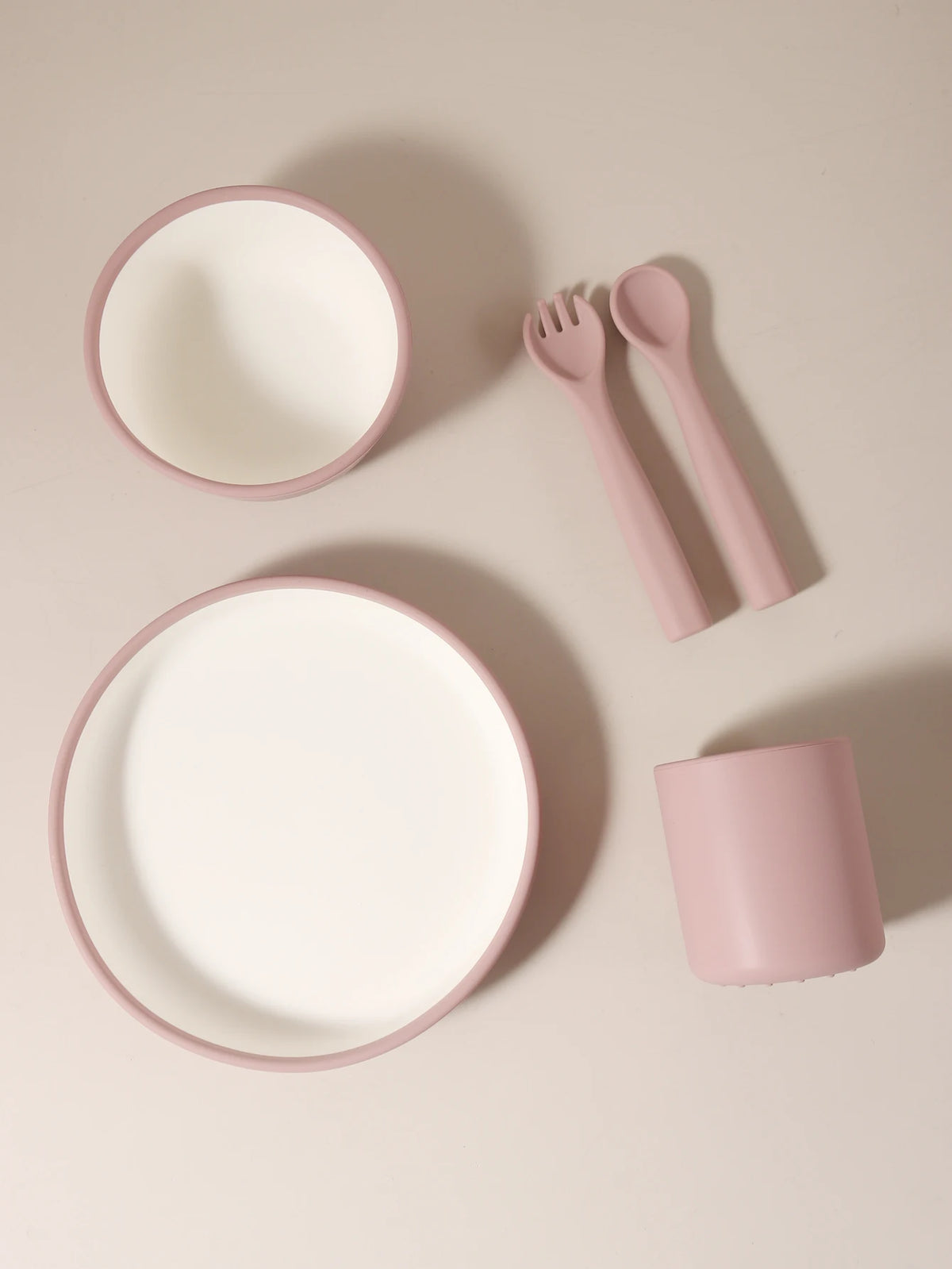 Minimalist Silicone Baby Feeding Set, 5-Piece No Suction Cup Plate Bowl Cup Fork Spoon Set, 1st Birthday Gift