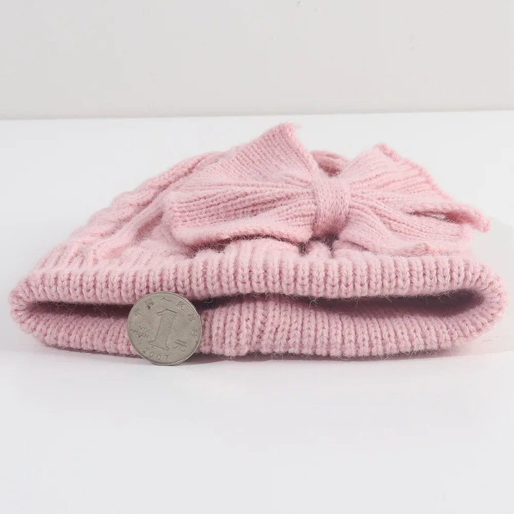 Cross-Border European and American Children's Bowknot Knitted Hat Winter New Thickened Warm Newborn Wool Hat Baby Hat