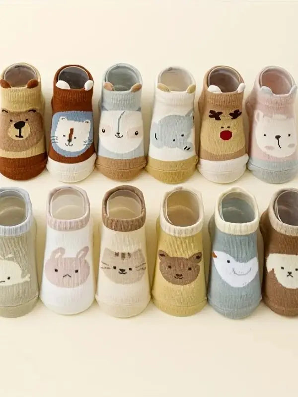 12 Pairs of Boys and Girls' Anti Slip Socks with Cute Cartoon Animal Patterns, Comfortable and Breathable Baby Floor Socks