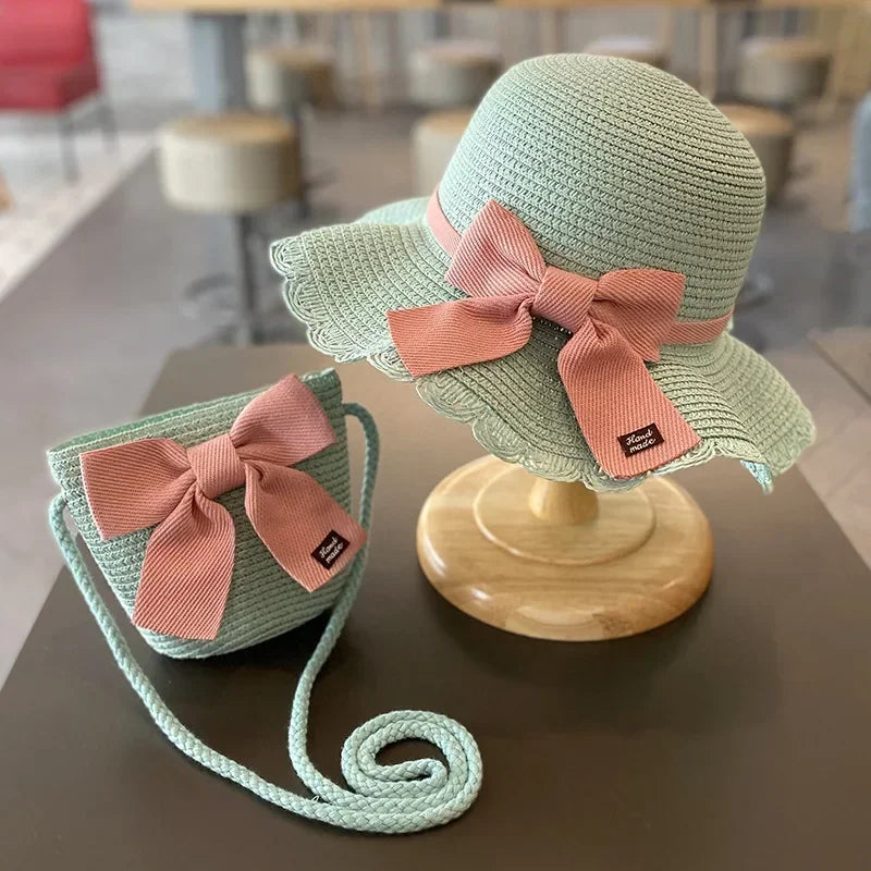 Kids Hat for Girls 2-7Y Straw Children's Sunshade Cap Bag Summer Baby Travel Sunscreen Beach Hat Sun Fisherman Cap Fashion Style