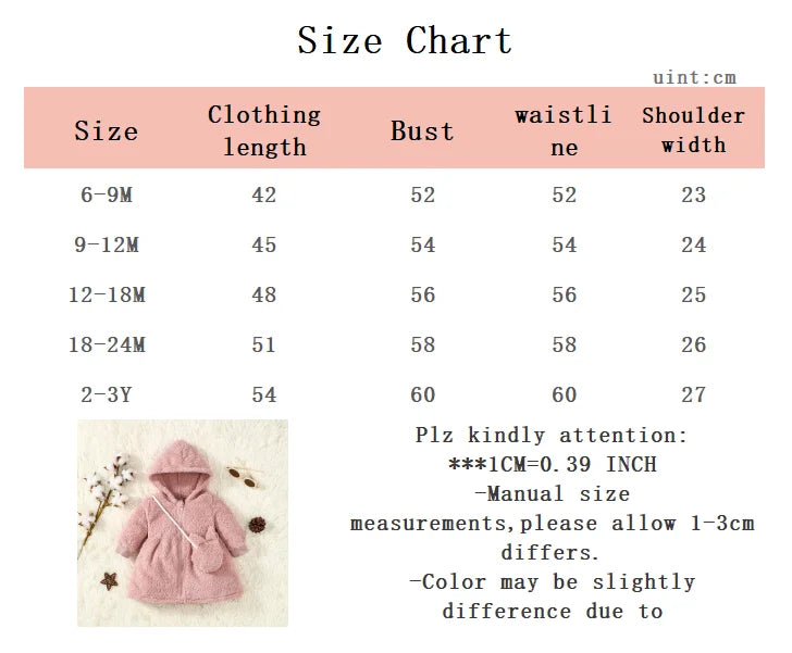2pcs Toddler Baby girl Baby Hooded Plush Long sleeved Zipper Warm Jacket+Plush Bag 0-3 Year Baby Girl Winter Casual Loose Coat