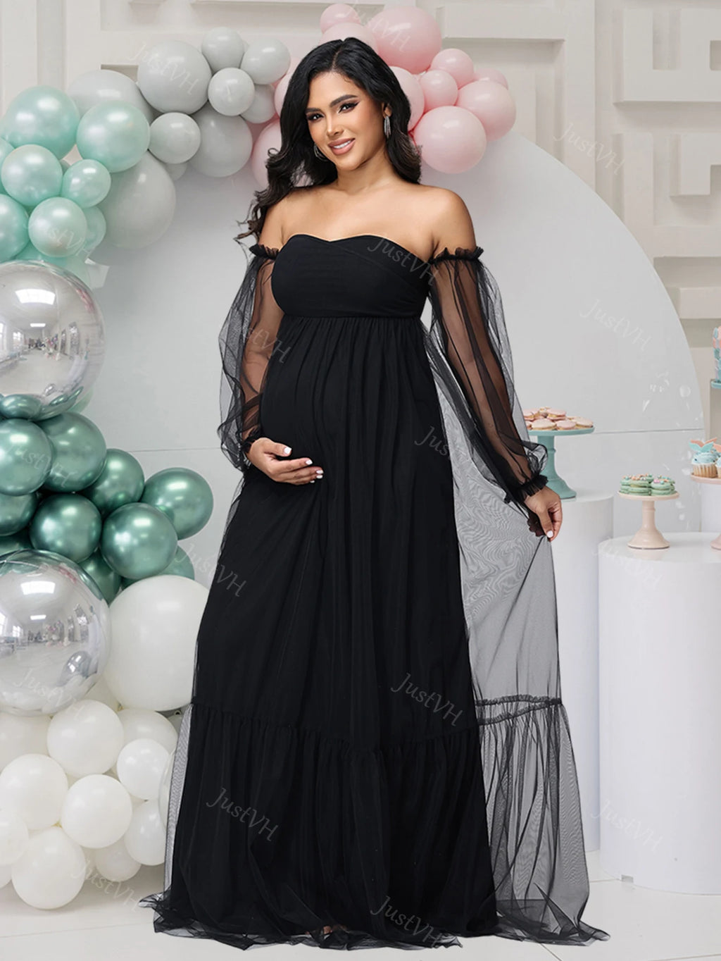 Women's Maternity Sweetheart Puff Sleeve Baby Shower Dress for Photoshoot Pregnant Tull Photography Party Gown