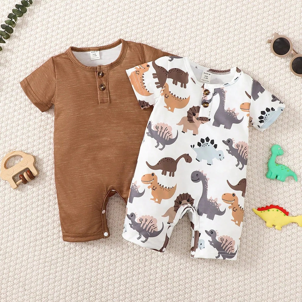 2pcs Newborn Baby boy Cartoon Dinosaur Short sleeved Bodysuit 0-18 Months old Baby Summer Crawling Suit