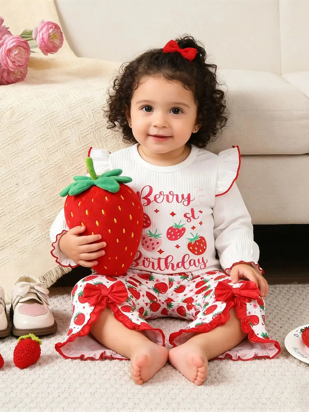 Baby Girl Set Strawberry Printed Long Sleeve+Bellbottom Pants Fashion Set for 0-3 Year Female Baby Spring Autumn Leisure Set