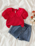 Two piece set of baby girl three-dimensional lace collar bubble sleeve T-shirt and denim shorts casual versatile daily wear vaca