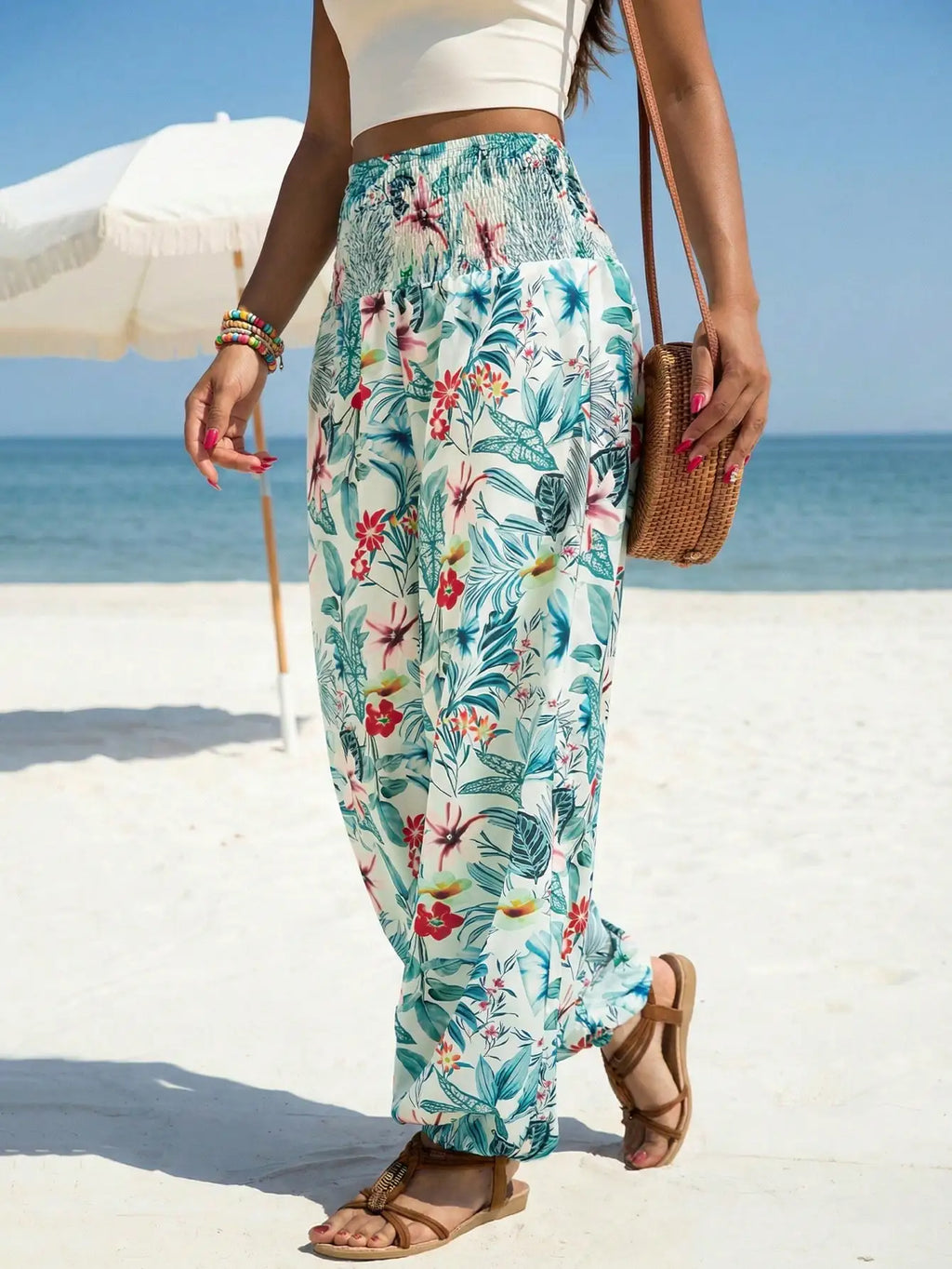 Women's Smocked High Waist Wide Leg Loose Drawstring Floral Tropical Summer Dress Capris for Casual Beach and Business Wear