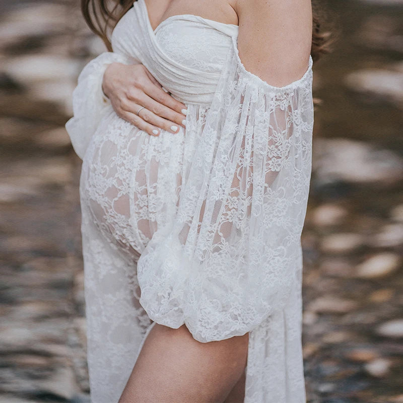 Maternity Dress Soft Stretchy Lace Off Shoulder Doubly Split A line Skirt Pregnancy Maxi Gown for Photoshoot