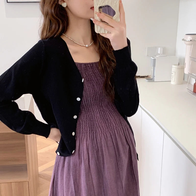 2026 Spring Maternity Dress Suits Long Sleeve Cardigans Strap Dress Twinset Pregnant Woman Clothing Set