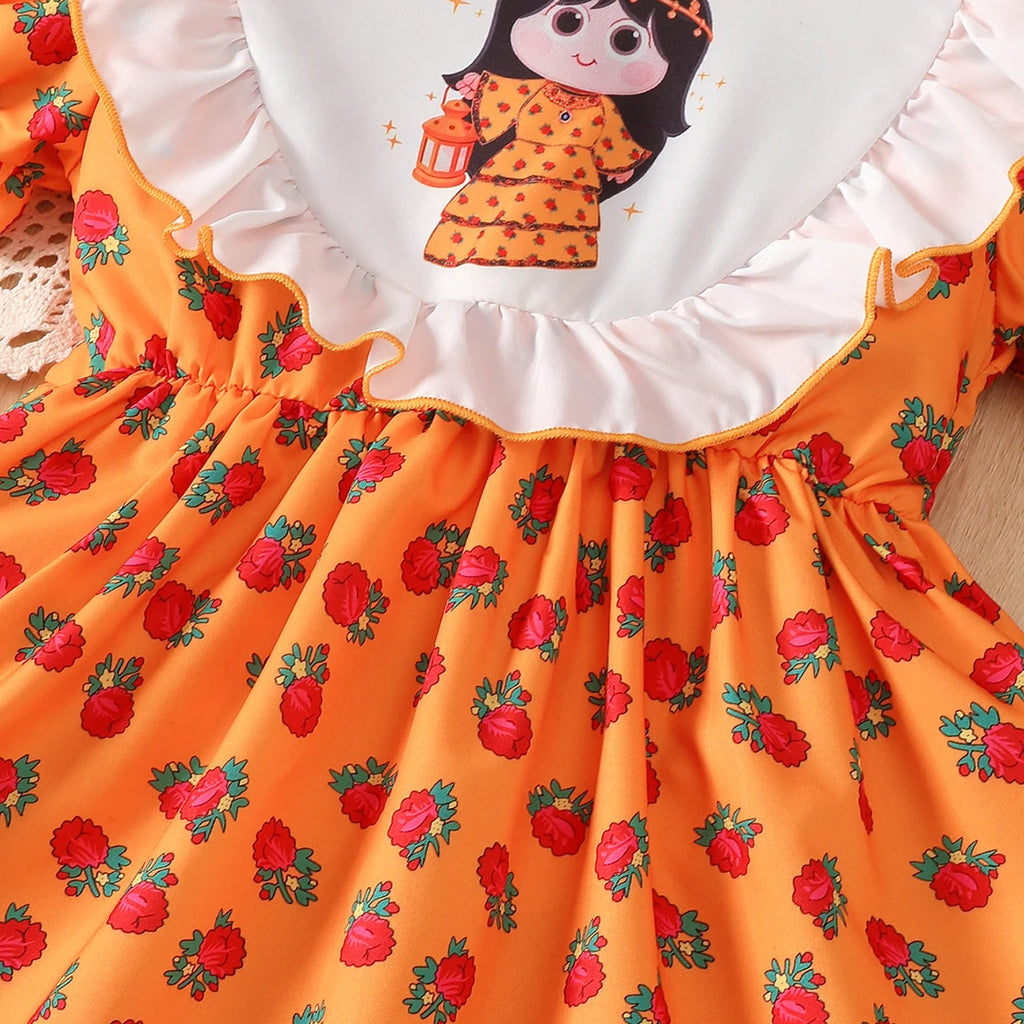 2Pcs Girls' Ramadan Dress with Ruffled Sudan rose Print Bubble sleeve Dress and Small bag Set  for 4-7 Year girls' Summer dress