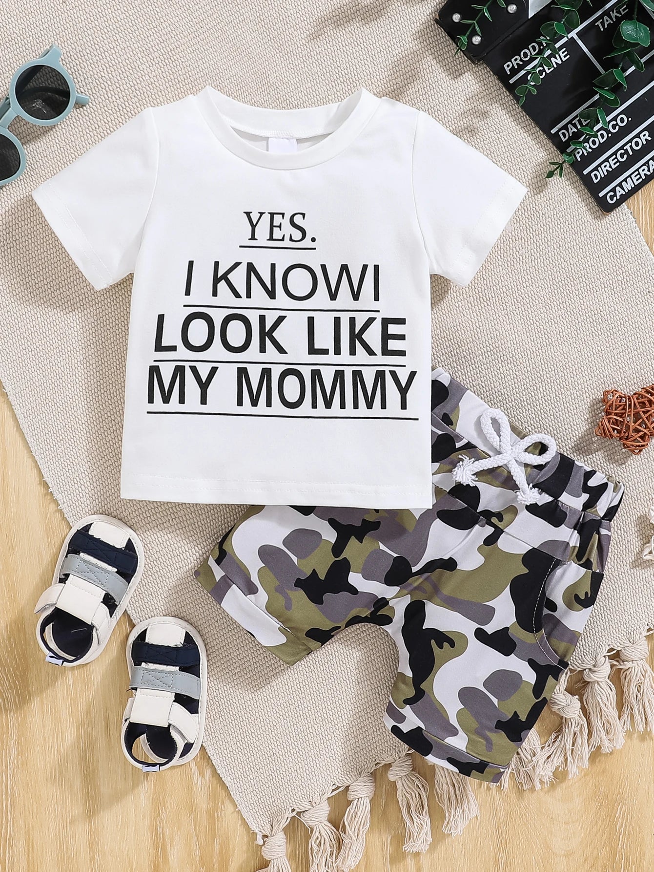 Boys' Summer Set Letter Printed Top Camouflage Short Sleeve Two Piece Set 0-3 Year Old Toddler Children's Sports and Leisure Set