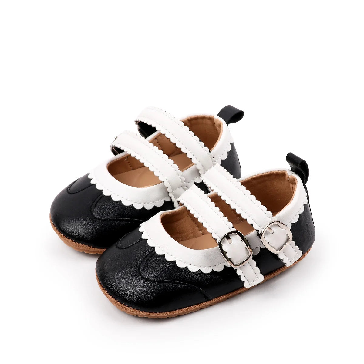 0-18 Months Infant Pre-walker Shoes, Scalloped Lace Trim Dual Buckle Strap Soft Non-slip Rubber Sole Indoor Baby Mary Jane Shoes