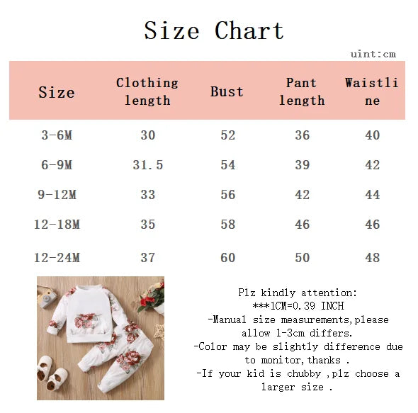 Cute Baby Girl Round Neck Rose Print Top+Pants two-piece Set for Girls Fashionable Autumn Set Suitable forToddlers Aged 0-2Years
