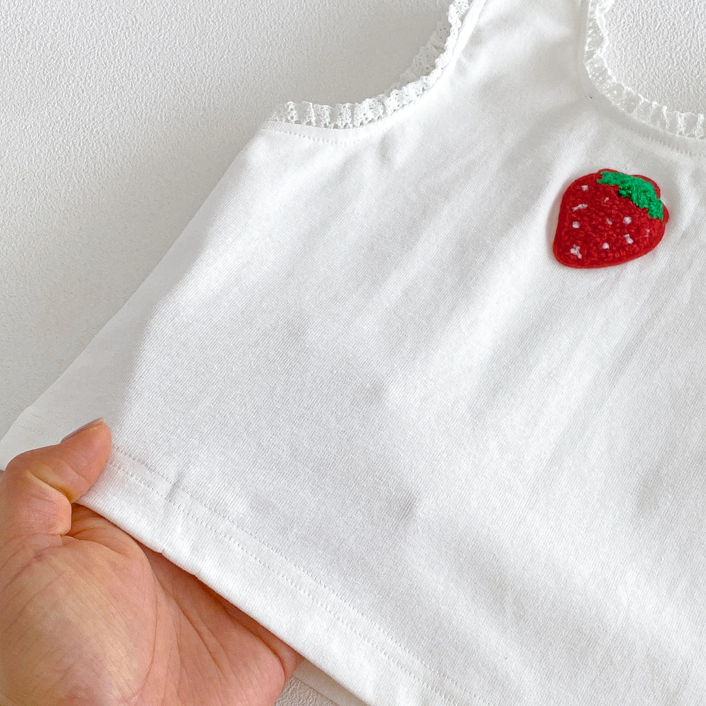 Summer Two-Piece Set for Baby Girls: Strawberry-Themed Vest and T-Shirt with Blooming Flower Pants, Stylish and Trendy