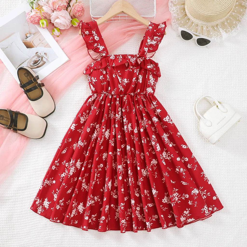 8-12 Year old Girls' Summer Dress with Pleated Printed Suspender Dress, Children's Clothing, Girls' Fashionable Casual Dress