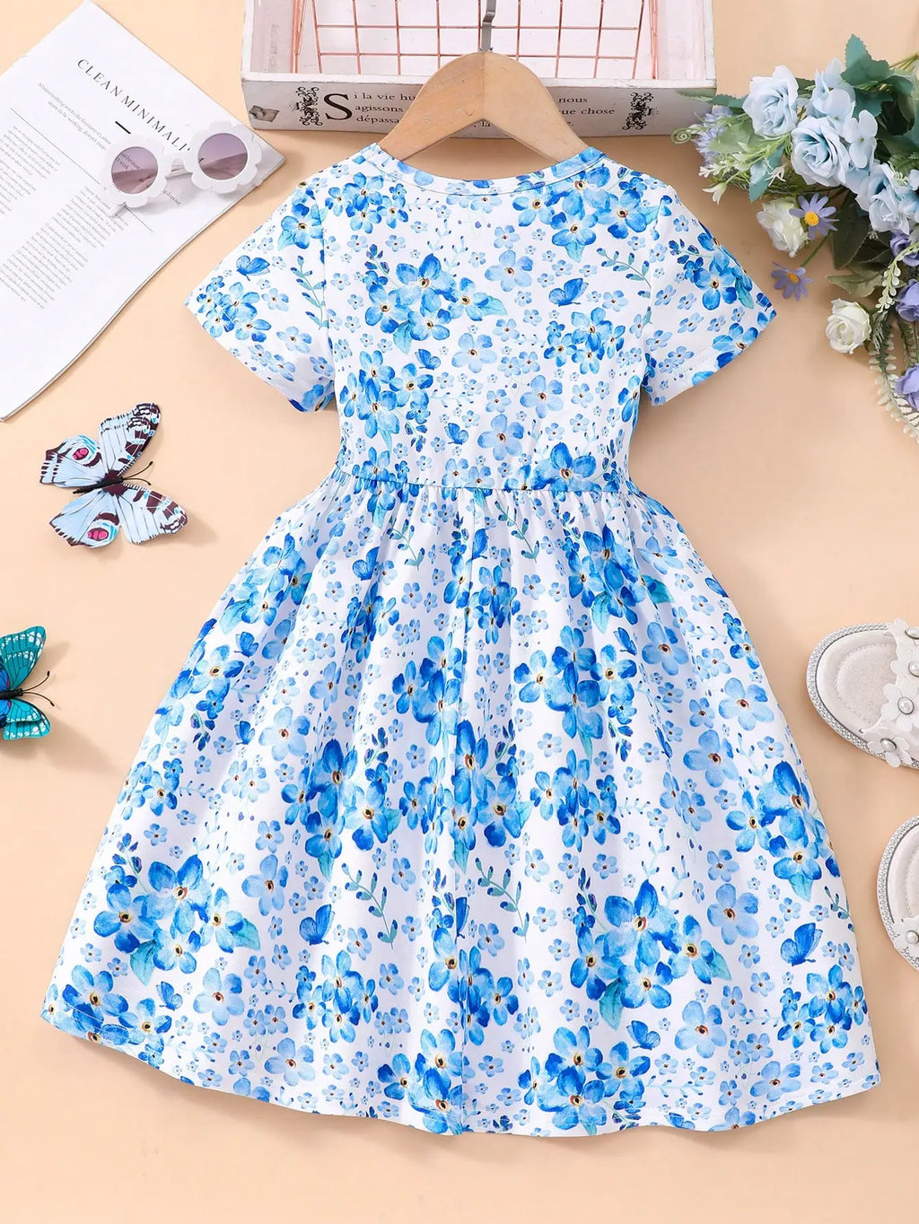 Children's girls' Round neck Blue Floral Short sleeved Dress Children's clothing 2-7 Year-old girls' Summer Casual Dress