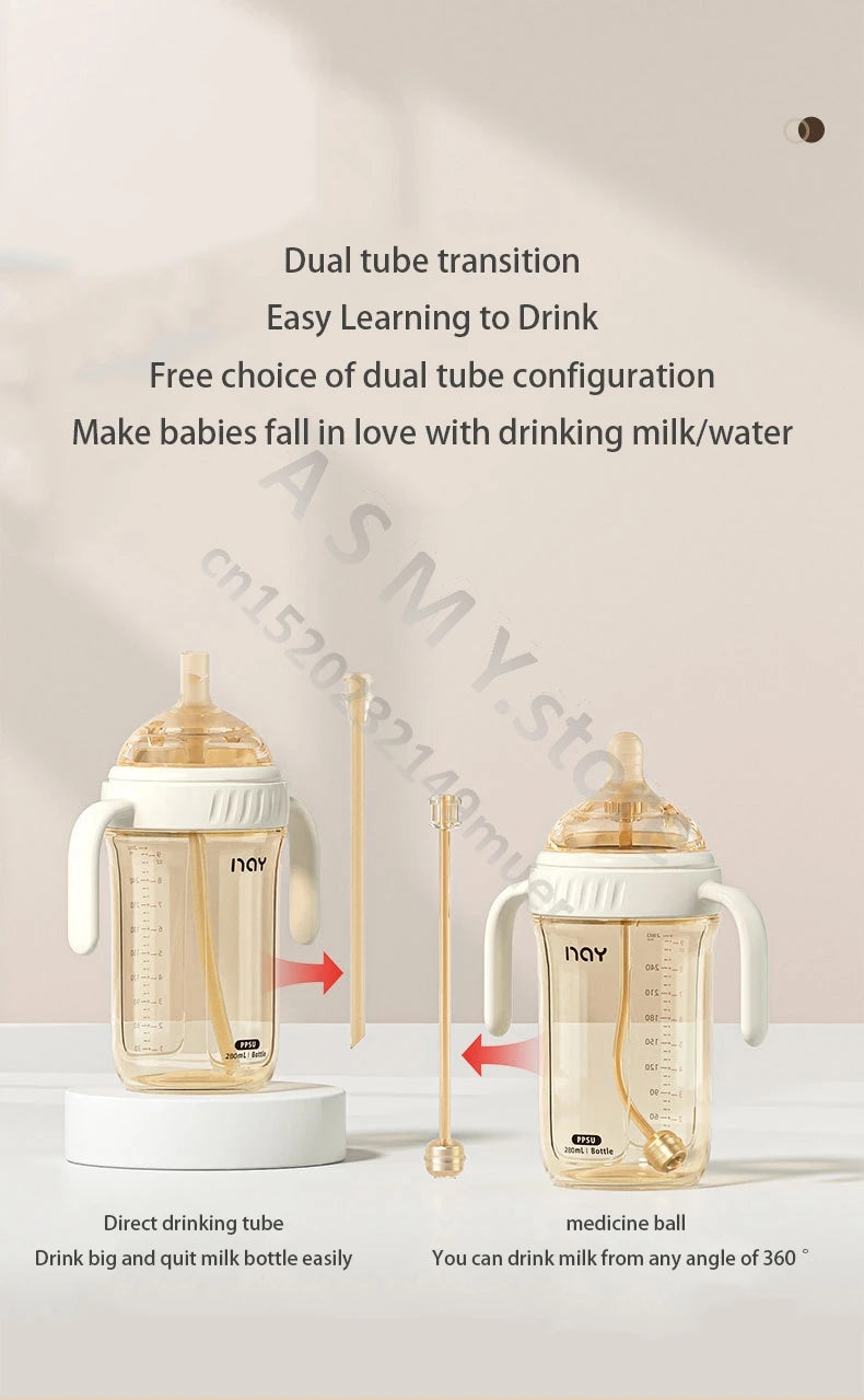 PPSU baby bottle, wide caliber, anti bloating and anti choking, baby learning drink cup, children's milk straw cup