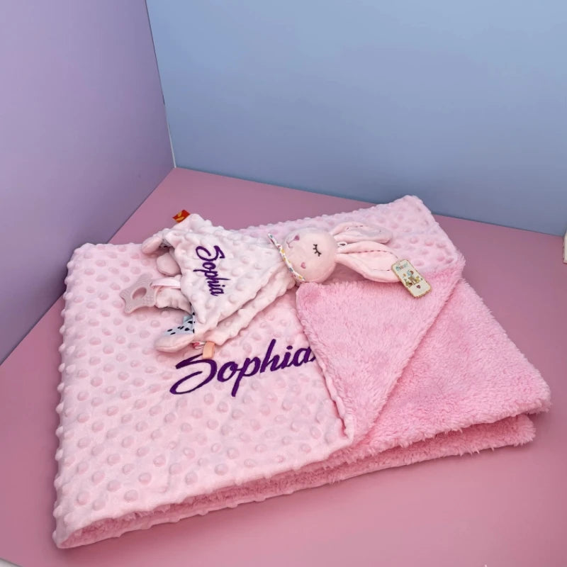Personalized Newborn Baby Blanket with Name Custom Dot Minky Stroller Swaddle Set Security Towel Baby Shower Gift for Infant Boy