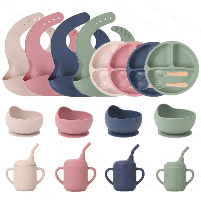 5/6Pcs Silicone Tableware For Kids Baby Feeding Sets Childrens Meal Training Set Bowls Plates Spoons Forks Bibs Cups