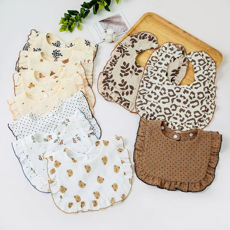 2pcs Floral Print Baby Bibs U-Shaped Snap Saliva Towel Ruffled Edge Muslin Cotton Burp Cloths Rainbow A Grade Feeding Scarf