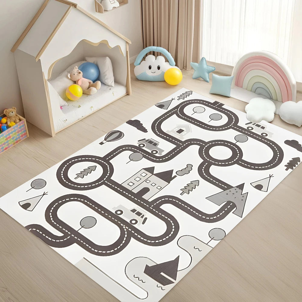 Kids Interactive Cartoon Animal Traffic Track Carpet Forest Theme Play Mat Easy Clean Rug Model A123 For Living Room