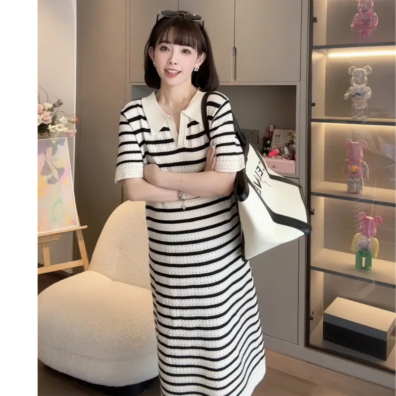 Summer Postpartum Woman Breastfeeding Dresses Short Sleeve Turn-down Collar Hollow Out Striped Maternity Straight Nursing Dress