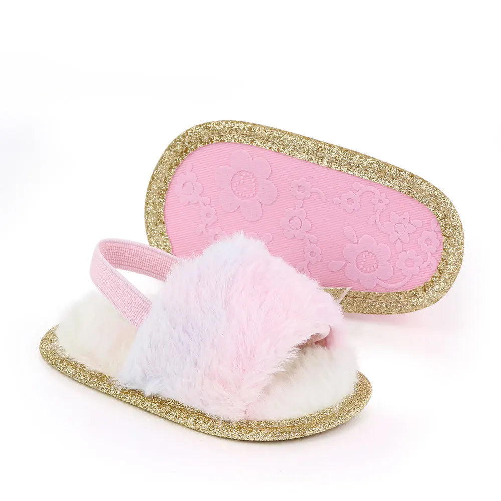 Spring Winter Fashion Multicolor Faux Fur Baby Girl Slipper Non-slip Newborn Cute Infant Toddler Crib Dress Shoes First Walkers