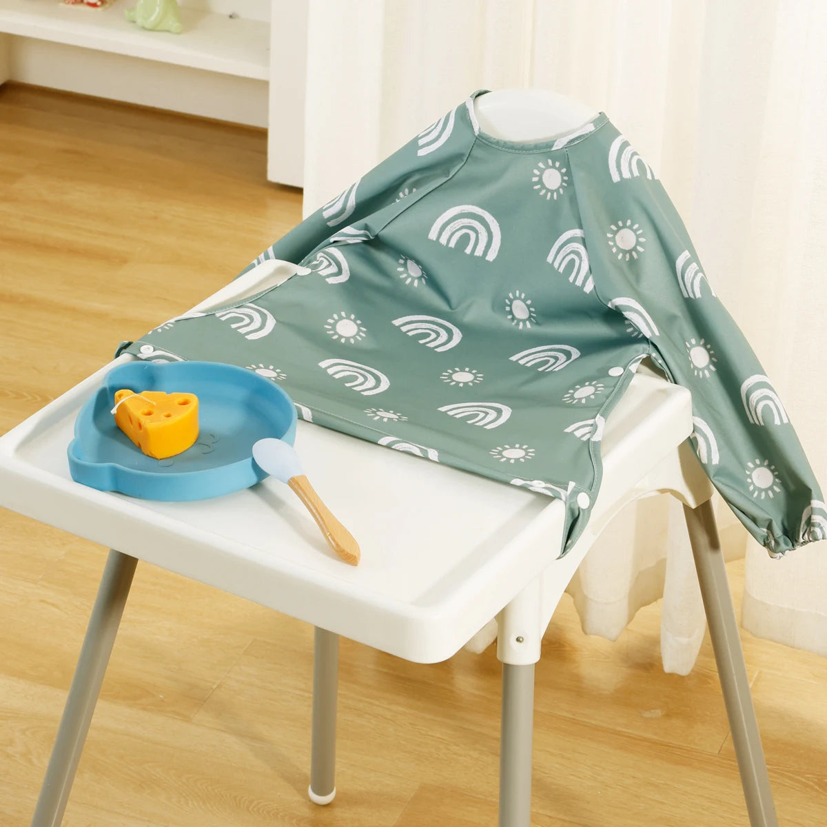 HappyFlute Long-sleeved Coveralls bib Anti-mess Baby Feeding Bib Elastic Strap Use On High chair Stroller Table Waterproof