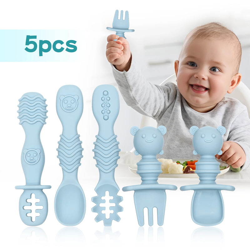5-piece self-feeding silicone spoon with choking barrier - Baby spoon feeding set, suitable for home and travel, baby weaning