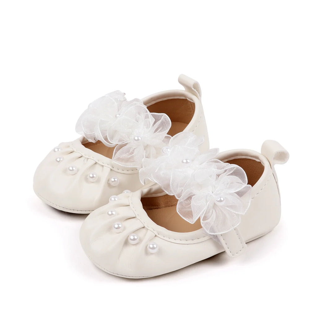 Charming Baby Girls' Pearl Decor Mesh Flower Soft Sole Flats