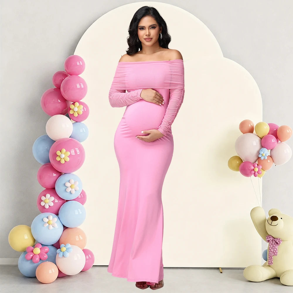 Maternity Mesh Off Shoulder Long Sleeve Baby Shower Dress Bodycon Mermaid Hem Party Evening Gown for Photoshoot