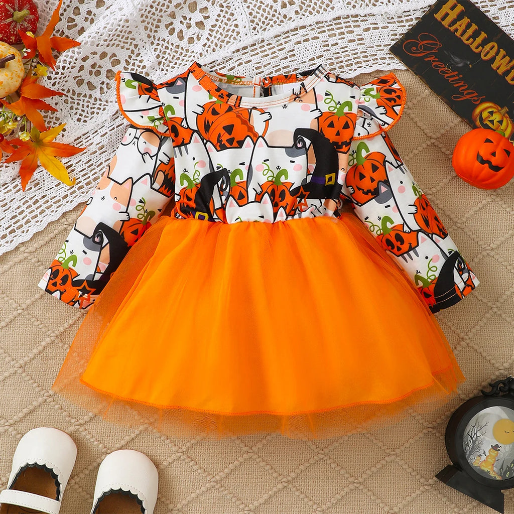 Baby Girl Halloween Dress Cartoon Pumpkin Print Chiffon Dress Suitable for 0-24 Months Baby Girl Halloween Party Outfit