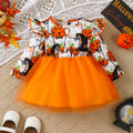 Baby Girl Halloween Dress Cartoon Pumpkin Print Chiffon Dress Suitable for 0-24 Months Baby Girl Halloween Party Outfit
