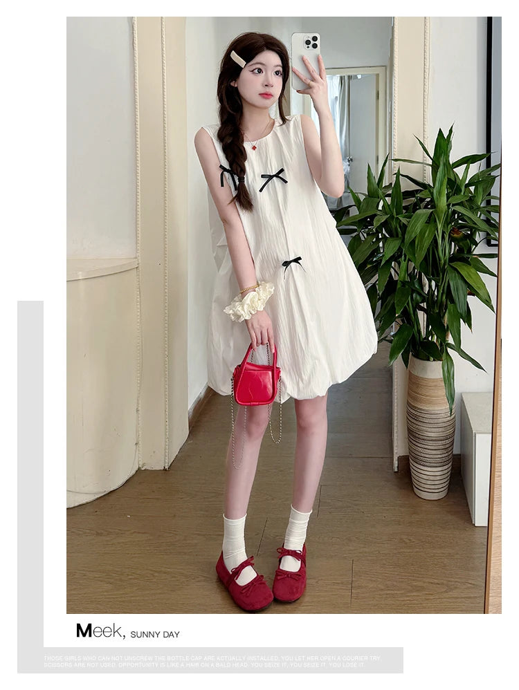 Korean Style Maternity Mini Dress Sleeveless White Pregnant Woman Bud Dress Fashion Short Lady Loose Fashion Dress with Bowknot
