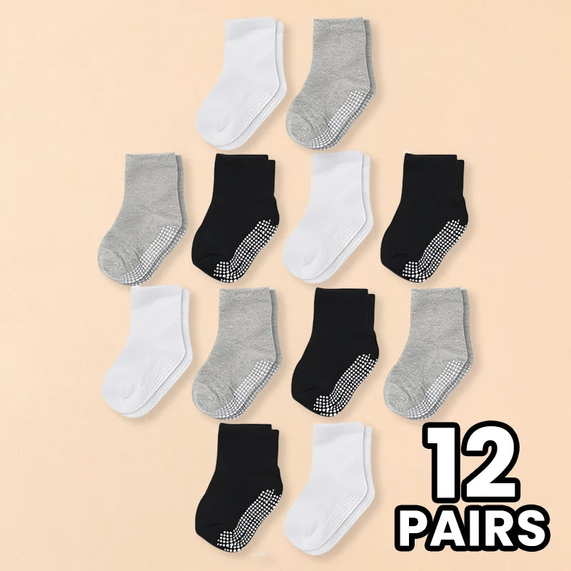12 Pairs Baby Walking Socks Anti-Slip Dots Gym Floor Socks for Toddlers in Black White Grey Colors -  Socks for Kids to Walk