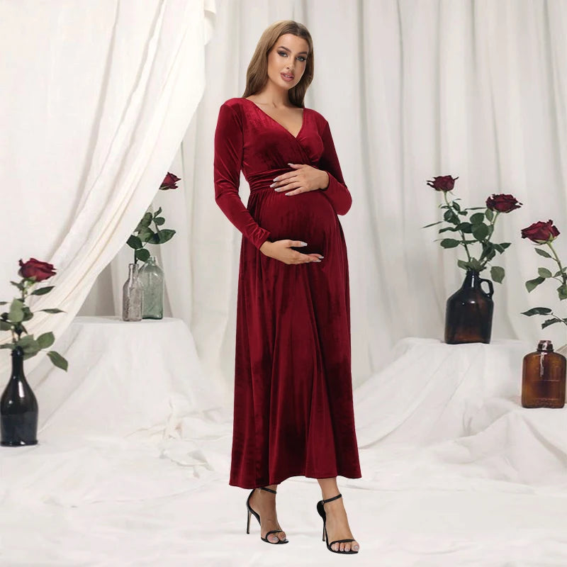 Maternity Photography Dress Velvet Long Sleeves V-Neck High Waist Gown For Wedding  Baby Shower Photo Shoot