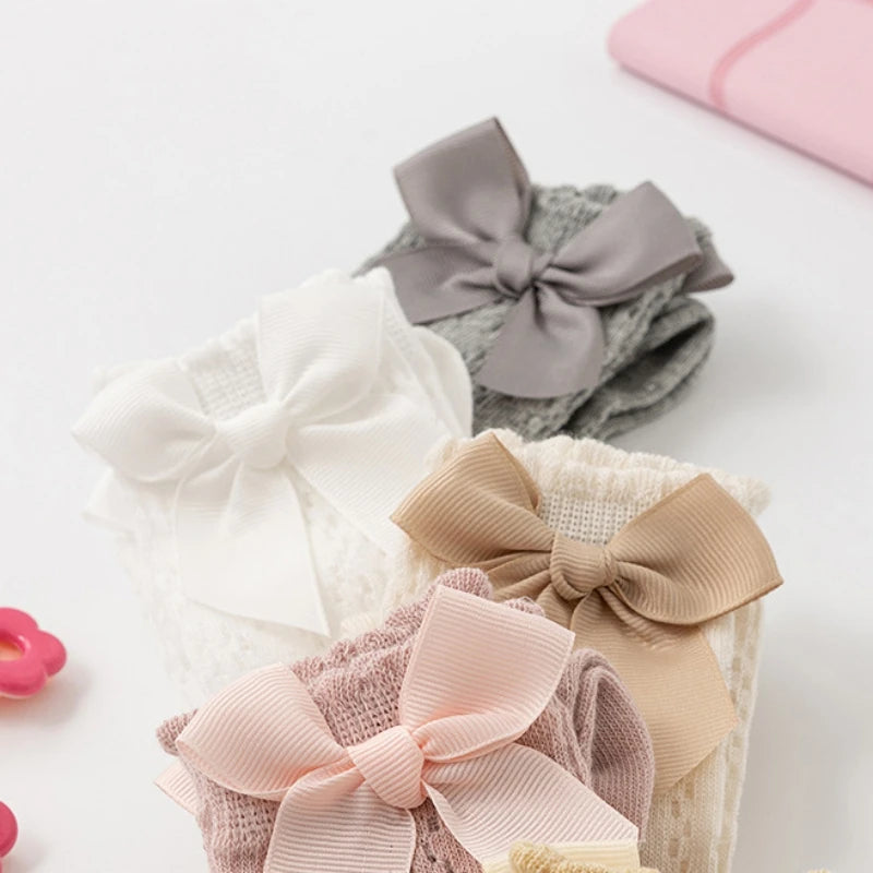 Summer Baby Girls Socks Toddler Bow Long Sock Kids Knee High Soft Cotton Mesh Stocking Spanish Style Hollow Out Lace Socks 0-3Y