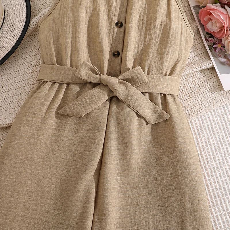 Girls 8-12 Casual Khaki Jumpsuit, Halter Neck Twist Front Sleeveless & Elastic Waist Wide Leg Pants, Daily Kids Outfit