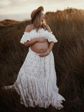 Maternity 2 Pieces Set Dress for Photoshoot Floral Embroidery Ruffle Short Top & Side Slit Long Skirt for Baby Shower